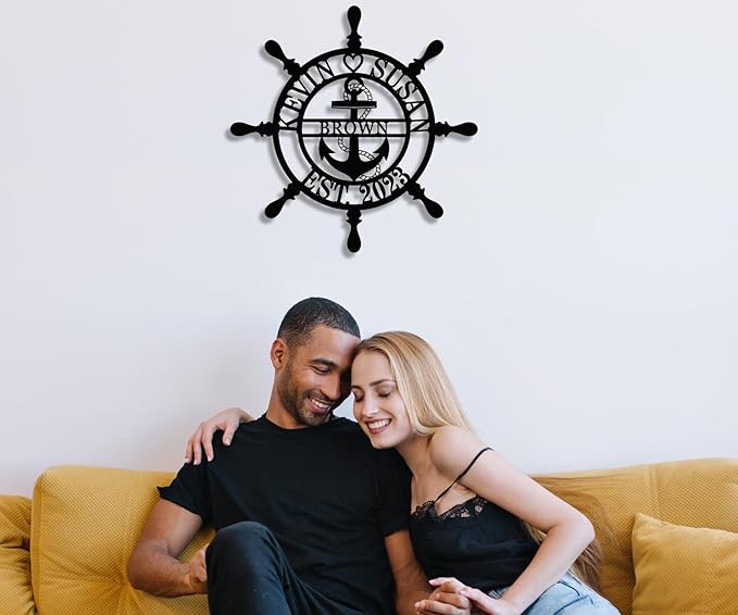 Personalized Wheel Ship Metal Sign, Custom Nautical Wall Decor, Custom Ship Wheel Monogram Wall Sign, Lake Beach House Decor