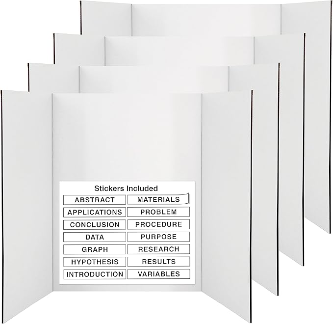 White Trifold Presentation Board 36" x 48" (Pack of 4) Self-Adhesive Science Subtitles included - Display Exhibition Board Lightweight and Portable with Smooth Surface - by Emraw