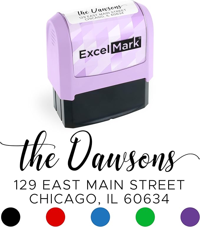 ExcelMark Address Stamp - Custom Return Address Stamp with Elegant Designs, Vibrant Colors & Patterns – Perfect for Mail, Invitations & Gifts (Violet Mount, Signature Script)