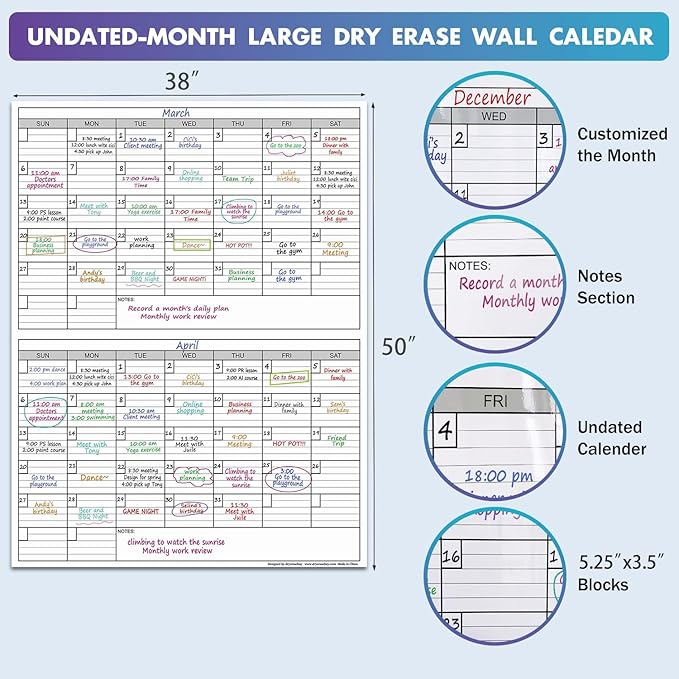 Magnetic-Receptive Dry Erase Two Month Laminated Jumbo Wall Calendar, 38" x 50",Big Whiteboard Calendar with Iron Sheet Backing-Works with Magnetic Markers Eraser, Giant Blank Poster with Square