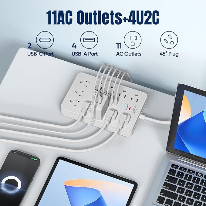 JouleLoom 2 Pack 6 FT Flat Plug Surge Protector Power Strip,11 Multiple AC Outlets with 6 USB Ports (2 USB C), 6 Feet Extension Cord, 1250W/10A, One Touch Switch Button, 17 in 1 Compact powerstrip