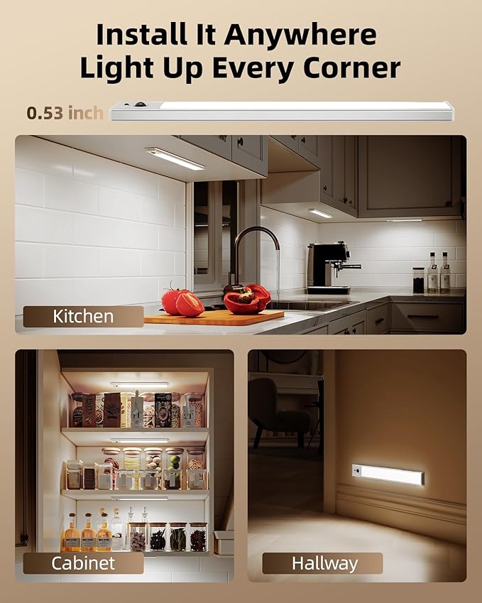 EZVALO 3 Pack Under Cabinet Lighting, 3200mAh Rechargeable Motion Sensor Light, 12inch Magnetic Closet Lights with Dimmable & 3 Color Temps, Wireless Motion Activated Lights with Remote for Kitchen