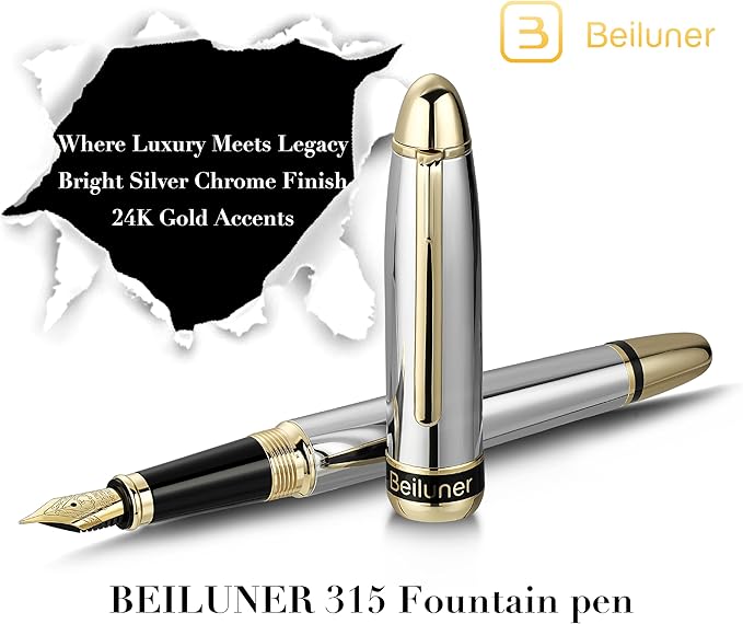 BEILUNER 315 Silver Chrome Fountain Pen,Stunning Luxury Pens with 24K Gold Accents, Gorgeous 24K Gilded Nib(Fine), Ink Converter,Fancy Pen Gift for Men&Women-Elegant, Office, Writing, Nice Design