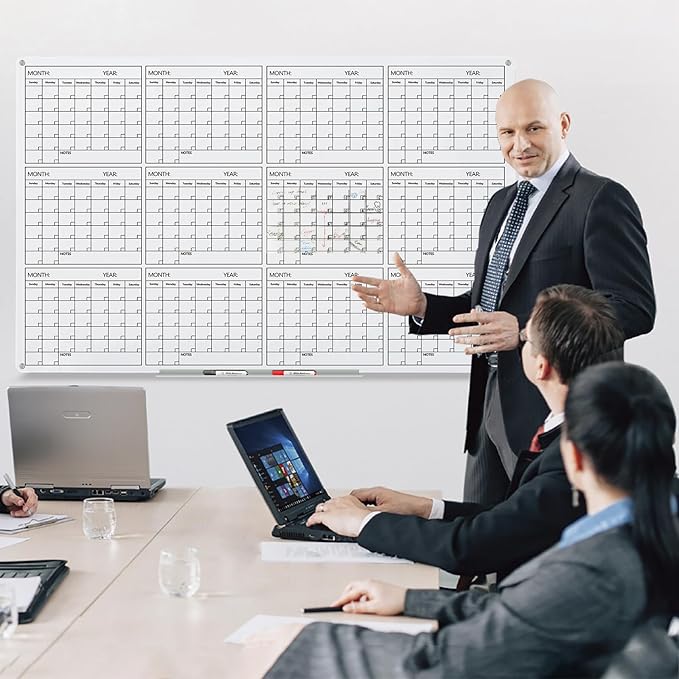 Magnetic Whiteboard Glass Board Yearly Calendar - 35" X 47" Large Wall Whiteboard - Dry Erase Planner for Wall Home, School, Office