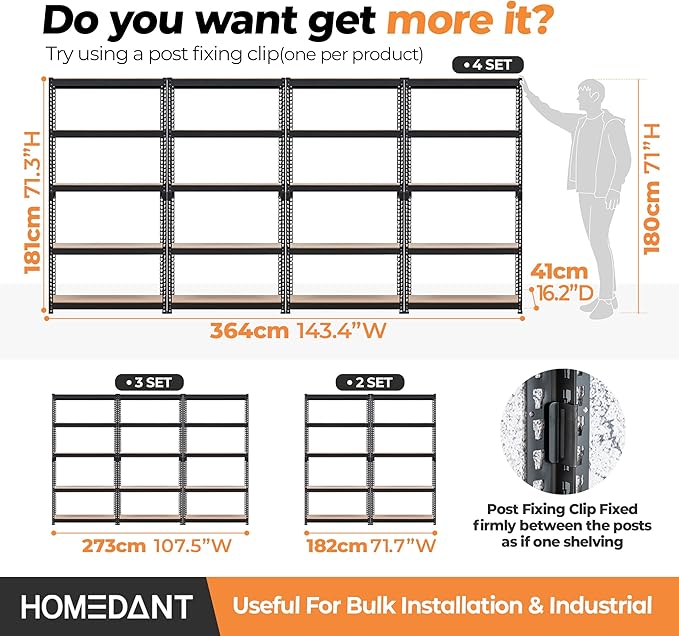 HOMEDANT 5 Tier Storage Shelves Adjustable Laminated Boltless Garage Metal Shelving Unit Heavy Duty Utility Rack Shelf Warehouse Pantry Closet Kitchen (2, (M) 35.9" W, Black)
