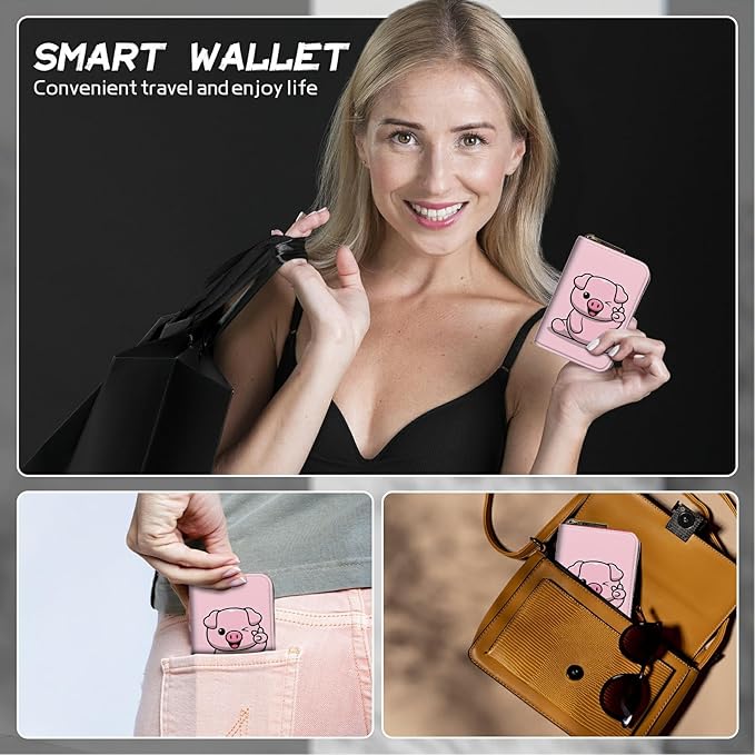 BWEGRHE Cute Credit Card Holder with Zipper, Pink Pig RFID-Blocking Card Case Small Wallet for Women Men, Multi-slot Card Organizer Case Travel Accordion Wallet