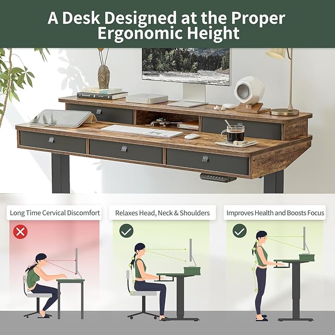 FEZIBO Height Adjustable Electric Standing Desk with 5 Drawers, 55 x 24 Inch Table with Storage Shelf, Sit Stand Desk Black Frame/Rustic Brown Top, 55 inch