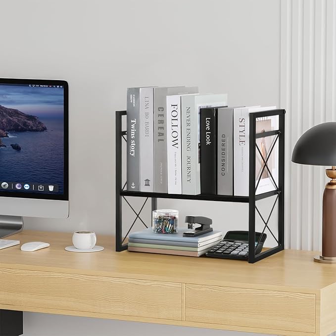 YINMIT Desktop Shelf Organizer, 2 Tier Office Shelves, Wood Desk Organizer Storage Rack and Freestanding Display Shelf for Office, Dormitory, Home(Black)
