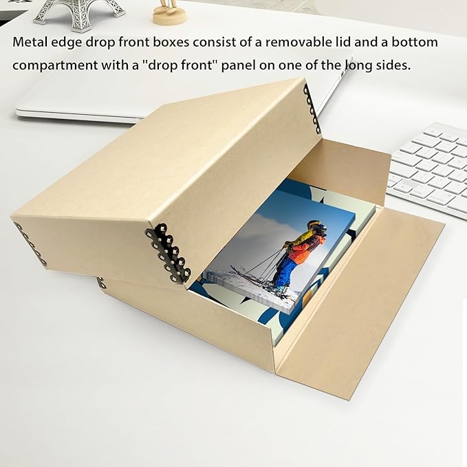 Lineco Museum Archival Storage Box, 8.75x10.75x3 in. Drop Front Design. Acid-Free with Metal Edge. Organize Photos, Pictures, Prints, Documents, Crafts, DIY. Tan, 2 Pack