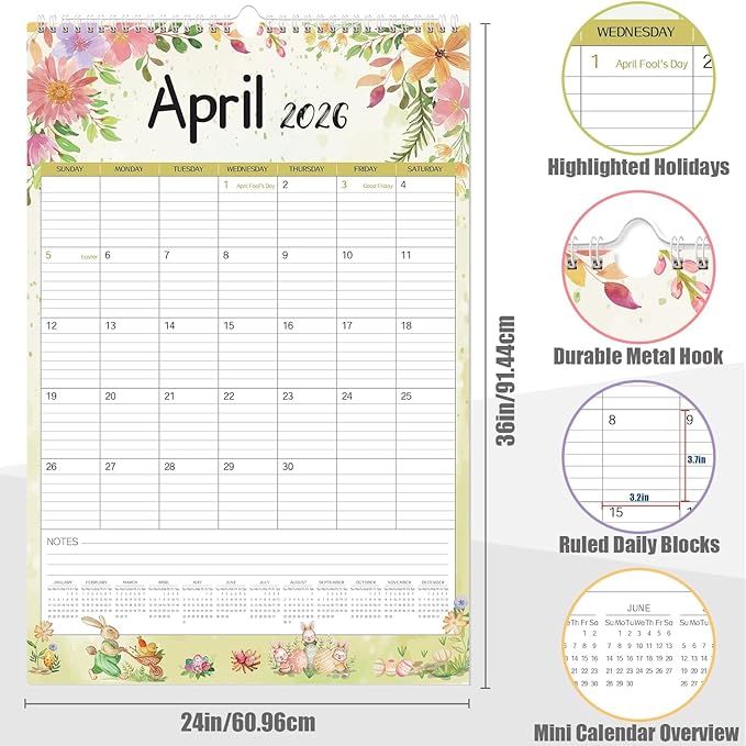 GuassLee Extra Large Wall Calendar 2026,36"x 24" Vertical Jumbo Hanging Wall Planner, 24-Month Aesthetic Large Calendar Jan. 2026 to Dec. 2027 with Thick Paper Watercolor Design for Easy Organizing