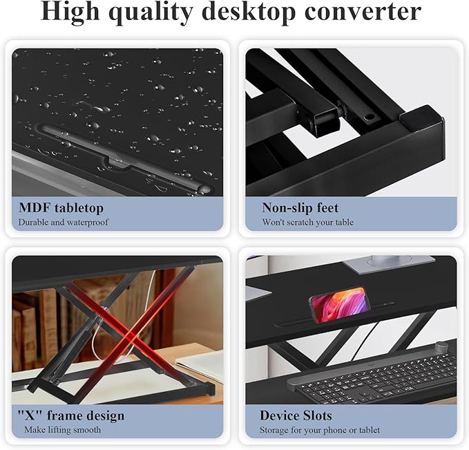 37 Inch Standing Desk Converter - Manual Pneumatic Spring, Two Monitor Stable Standing Desk Converter, 5.9" to 18.8" Height Adjustable Laptop Workstation with Keyboard Tray for Home, Company(Black)