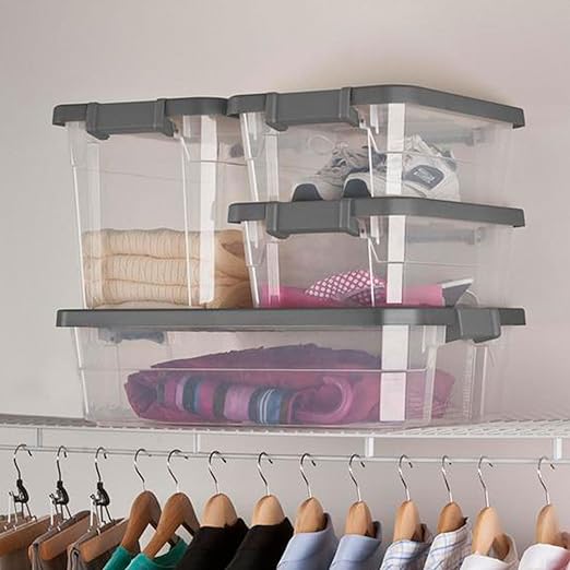 Sterilite 12-Pack Modular Stacker Box, Durable Clear Plastic Storage Bins with Latching Lids, 30 Quart - Stackable Organizing Container Boxes for Closet, Bathroom, and Office