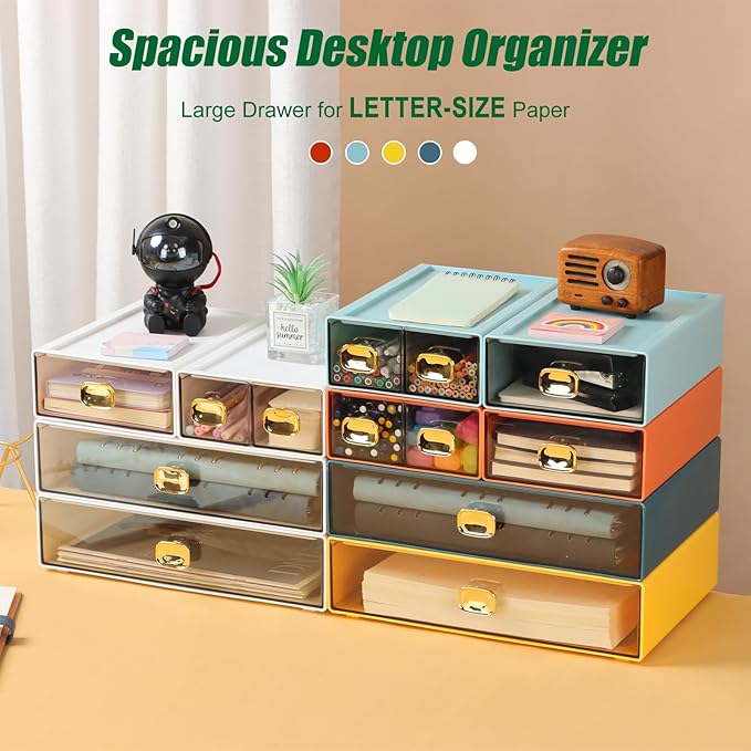OSteed Spacious Desktop Storage Box, 1 Large Storage Drawer, Stackable Office Desk Drawer Organizer and Accessories, Printer Paper Organizer, Cyan Plastic Drawers for Workspace & Home