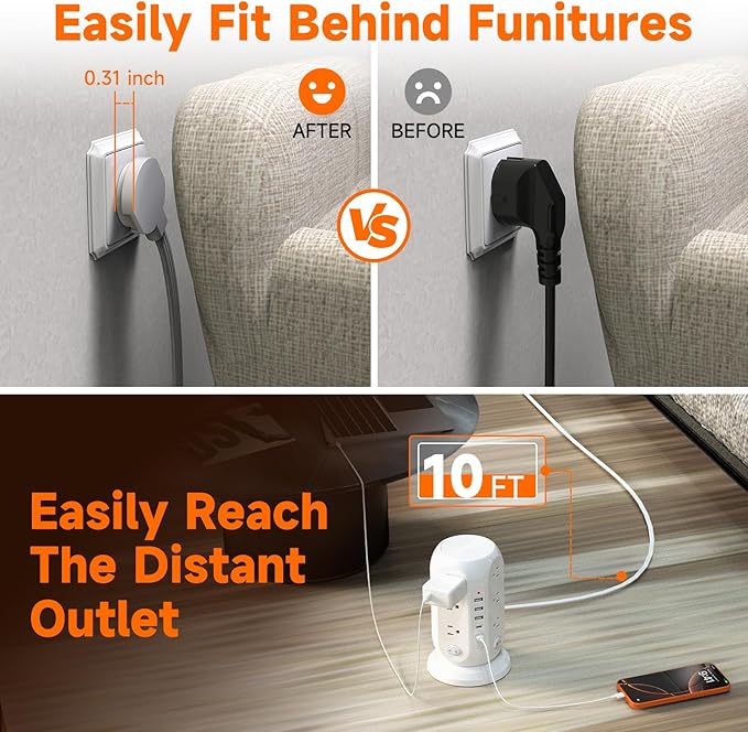 Tower Power Strip with 12 Outlets and 5 USB Ports (2 USB-C), Flat Extension Cord 10 Ft, Surge Protection 1250W Multiple Outlets Charging Station for Home Office Dorm Room