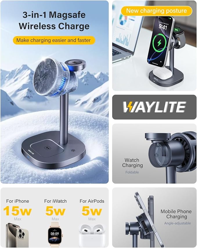 3 in 1 Wireless Charging Station for Apple MagSafe Charger Stand,15W Qi2 Fast Phone and Watch Charger with TEC Cooling, Magnetic Wireless Charger for iPhone17 16 15 14 13, Apple Watch, AirPods, Gray