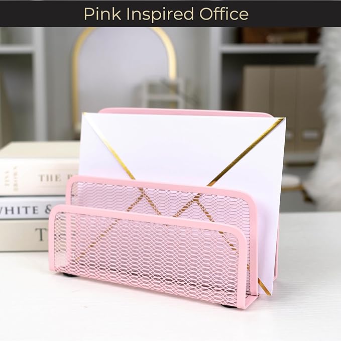 BLU MONACO | Pink Metal Mesh Letter Sorter with 3 Slots | Vertical Mail Organizer for Desk, Office & Home | Stylish Mail Holder for Envelopes, Documents & Files