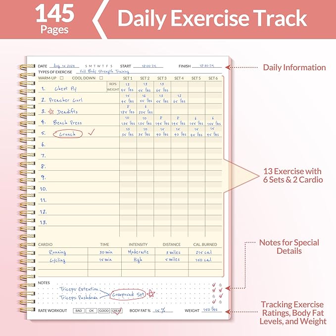 Fitness Journal Workout Planner for Women & Men, A4 (8.5" x 11") Workout Journal Log Book Planner Gift for Track Gym Essentials, Home Workouts, Track Progress, Achieve Wellness Goals, Pink
