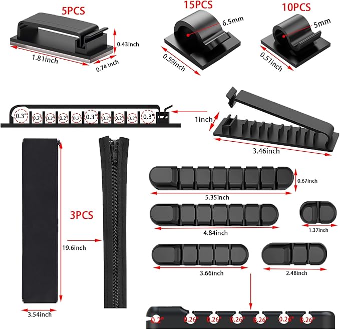 189PCS Cable Management Kit, 6 Cable Sleeve40 Cable Clips with 11Cord Holders, 2 Roll Self Tie, 10 Self Adhesive Cord Organizer, 100 Fastening Cable Ties,10 Cable Zip Tie Mounts