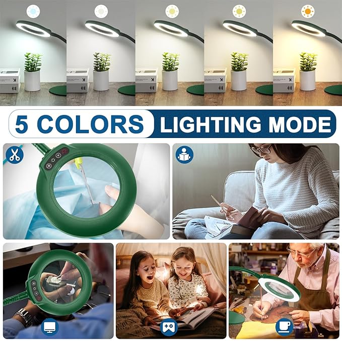 IVMAIE 10X Magnifying Glass with Light, Real Glass Lens, 5 Color Modes Dimmable, Flexible Gooseneck Lighted Magnifier with Stand, LED Desk Lamp Hands Free for Crafts Painting Reading Close Work, Green