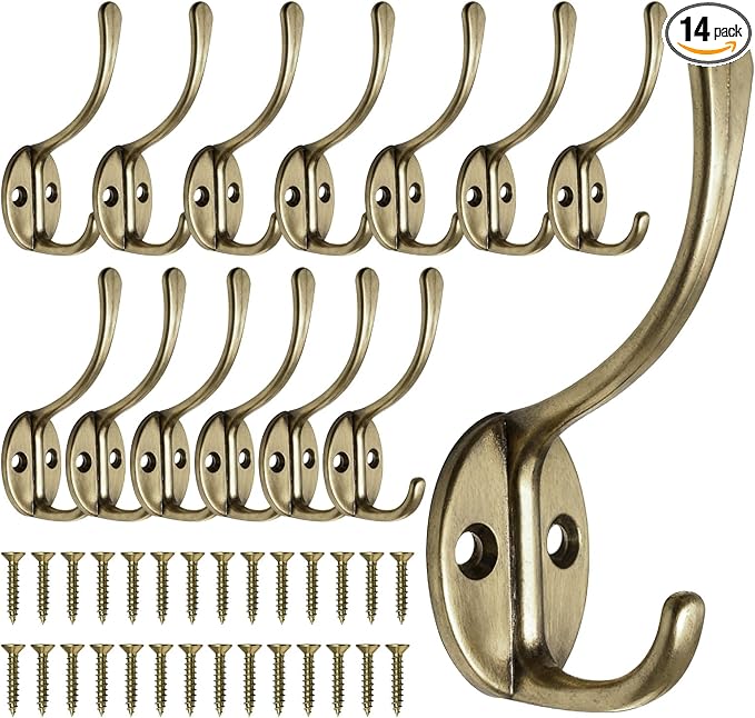 Homanu 14 Pack Coat Hooks Wall Mounted with 28 Screws, Heavy Duty Antique Brass Towel Hooks Metal Double Hooks, No Rust Retro Rustic Wall Hooks for Hanging Towel, Coat, Scarf, Bag, Hat, Cup, Key