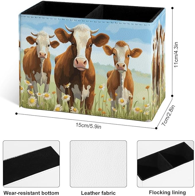 Famame Three Cows Flowers Field Pencil Holder for Desk, Leather Desktop Container Pen Cup Storage Study Table Pen Organizer Makeup Brush Holder for Classroom Office Home