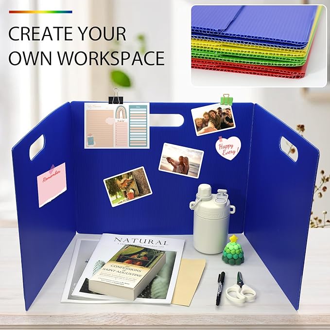 MuseLuxe 24 Pack Privacy Folders for Students - Durable & Waterproof Plastic Study Desk Dividers,Test Dividers for Classroom,Easy to Clean Privacy Shields & Boards -4 Color,Includes Extra 48 Labels