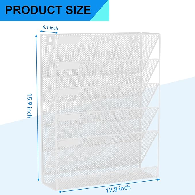 GDINDINFAN Wall File Organizer Holder Mesh Hanging Paper Document Holder,Vertical 6 Pocket Tier for Office Home, White