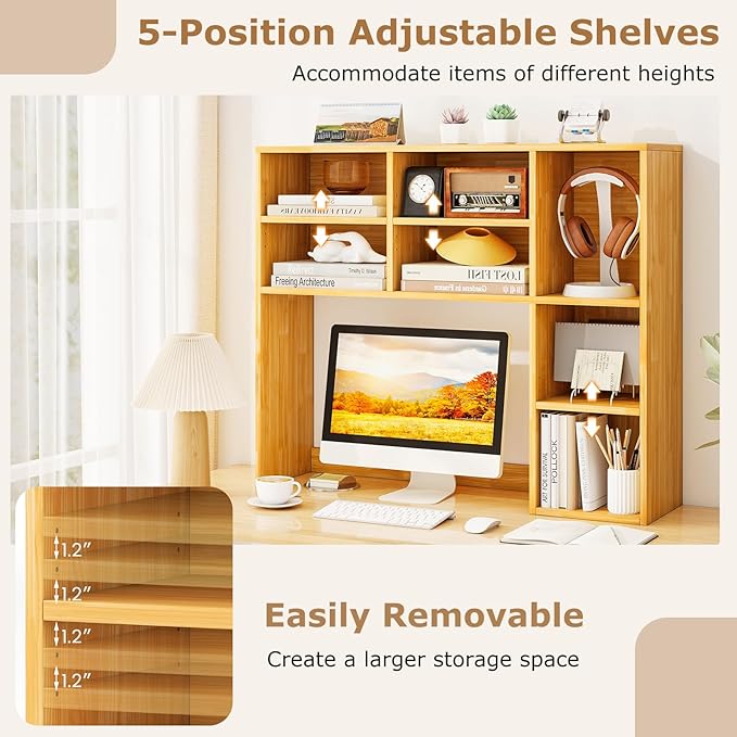 Tangkula Desktop Bookshelf, 37" Countertop Storage Hutch with 7 Cubes & 3 Adjustable Shelves, 3-Tier Desk Display Rack Organizer, Multipurpose Wood Desktop Hutch for Dorm Home Office (Burlywood)