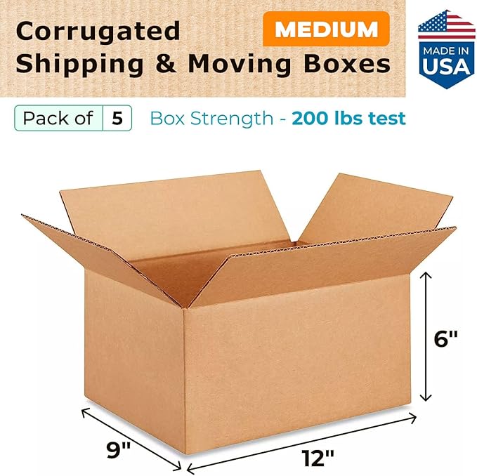 Medium Moving & Shipping Boxes 12 x 9 x 6 inches (5-Pack) - Extra Strength 200 lb vs Regular - Corrugated Medium Moving Box, Made in USA - Packaging Box by IDL Packaging