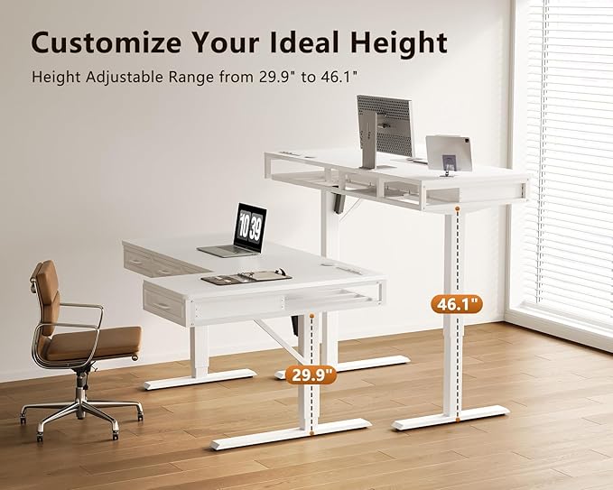 OffiGo L Shaped Electric Standing Desk with Wooden Drawers, 55 Inch Height Adjustable Corner Workstation with Power Outlets, Sit Stand Table for Home, Office, White