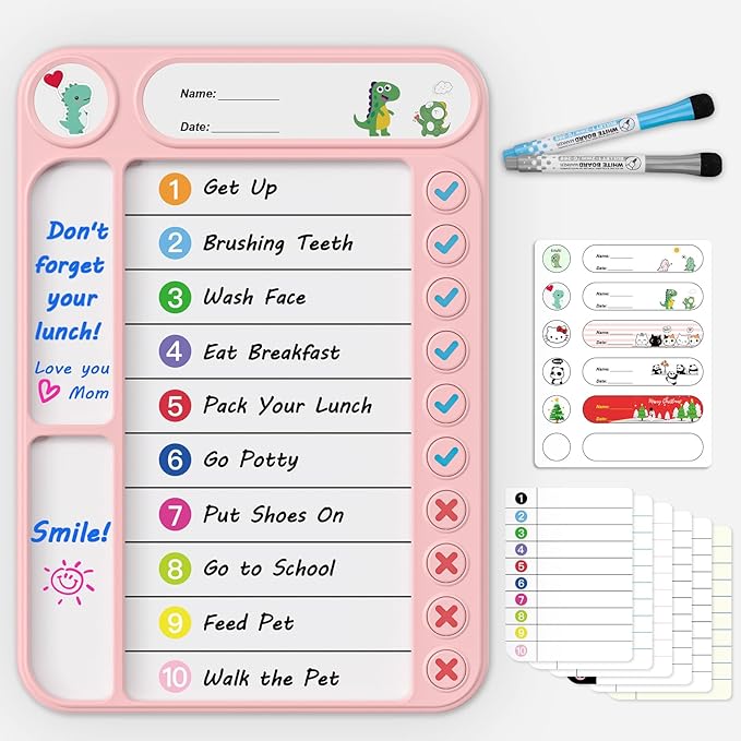 Magnetic Chore Chart for Kids, ADHD Task Tracker Easy-Check Routine Dry Erase Board, to-Do List Planning Tool with Stand for Fridge/Desk/Home/School, 6 Reusable Sheets, 2 Markers