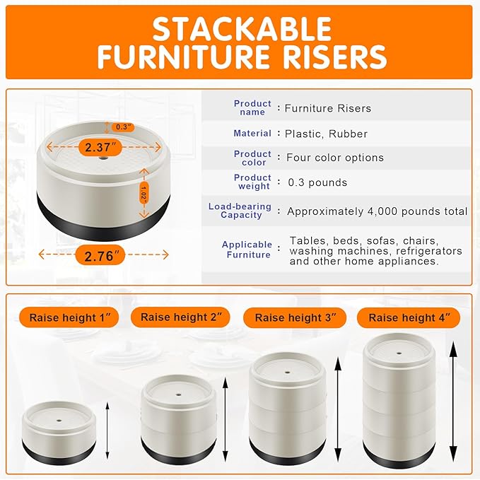 Furniture Risers Bed Risers Heavy Duty 1 inch, 2 inch, 3 inch, 4 inch Round Adjustable Bed Lifts Riser for Desk Legs Table Couch Sofa Chair Refrigerator Washing Machine (1 Inch, White, 12 Pack )