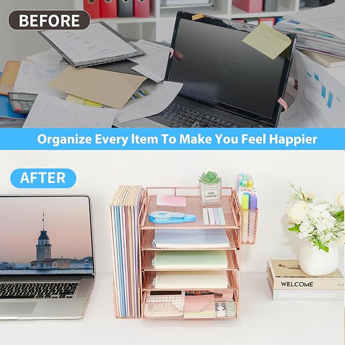Gugsey Desk Organizer, 5-Tier Paper Letter Tray Organizer with File Holder, Drawer and Pen Holder, Desktop Organizer for Office Supplies, Rose Gold