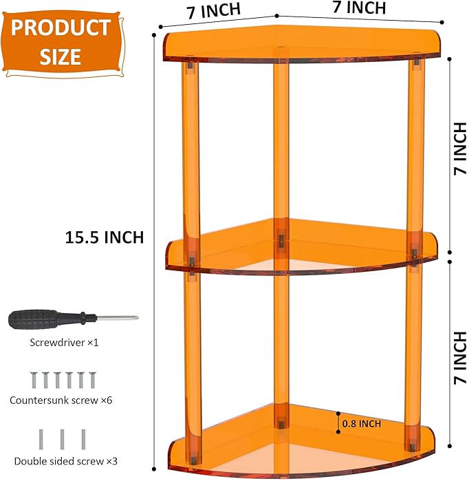 Sezanrpt 3 Tier Countertop Corner Organizer Shelf 7x7x15.7 Inch, Orange Countertop Acrylic Bathroom Corner Shelf, Vanity Storage Organizer for Cosmetics, Toiletries