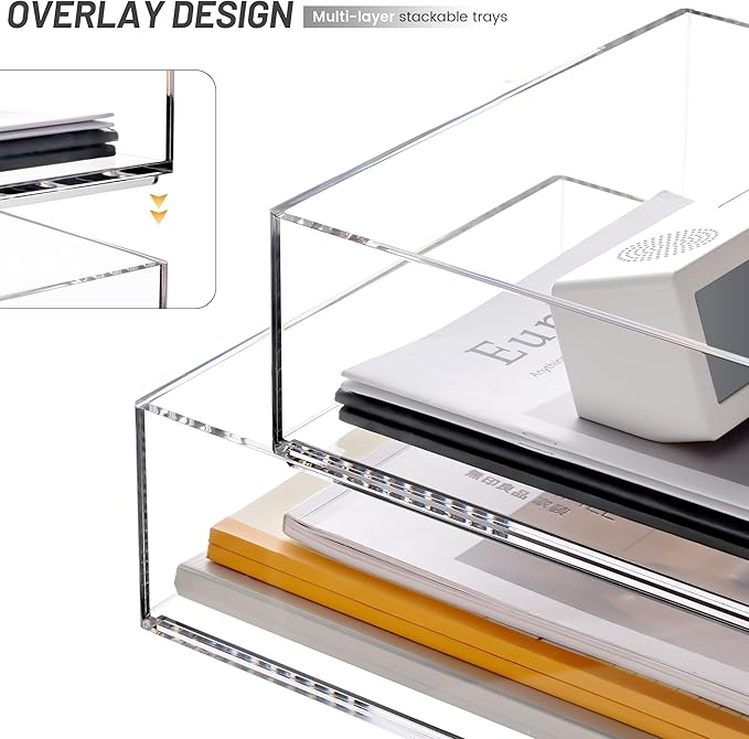 HeZone Enlarged Letter Paper Tray - Clear Acrylic Desk Organizers for Document Organization and File Storage - Stackable Office Accessories - 2 Pack (Large Tray V)