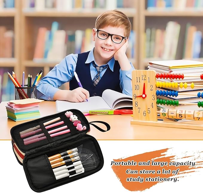 BOENLE Dog German Shepherd American Flag Pencil Case Box Boys Girls Large Pencil Pouch Zipper Compartments Big Capacity Stationery Pen Bag Organizer for Kids Teens Adults School