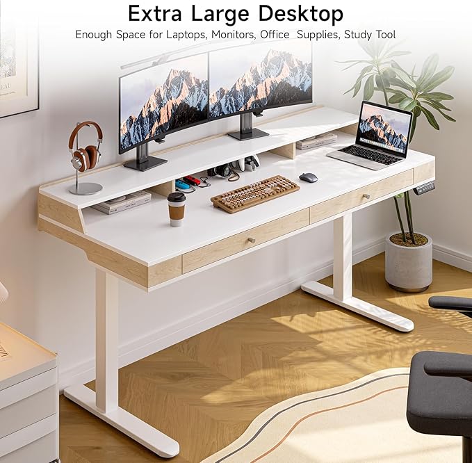 Standing Desk With Drawers, 47x23.6 Inch Electric Stand Up With Storage Shelf and Memory Controller, Adjustable Height 28-46 Inch for Computer Workstation, White