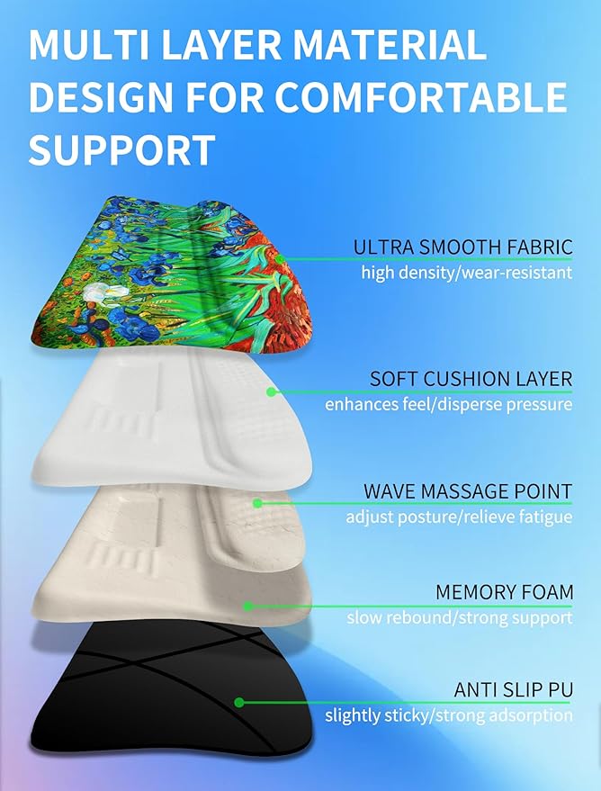 KUOSGM Ergonomic Wave Wrist Rest with Keyboard Stand, Cushioned Palm Rest, Comfortable Integrated Memory Foam for Natural Typing and Relieve Wrist Pain, Van Gogh Iris Flower