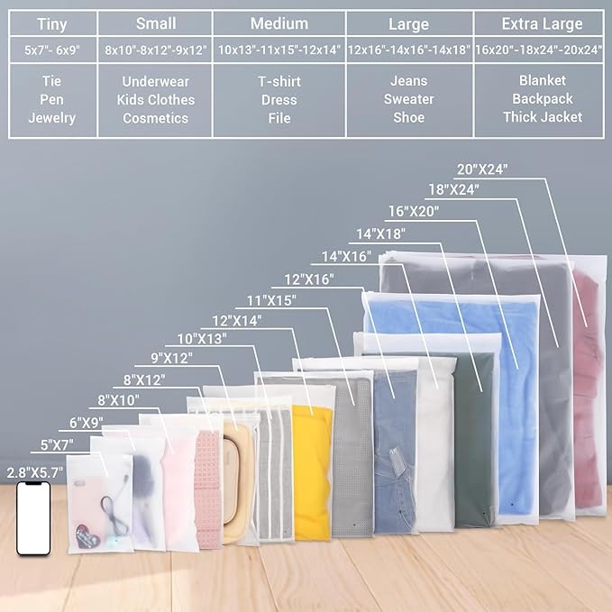 Svaldo Clothes Packaging Bags for Shipping, 200 Count 10x13 inch Frosted Zipper Plastic Bags for Clothing, Clear Plastic Apparel Bag for Packaging T-Shirt, Shirt, Document, 3 Mil, with Vent Holes