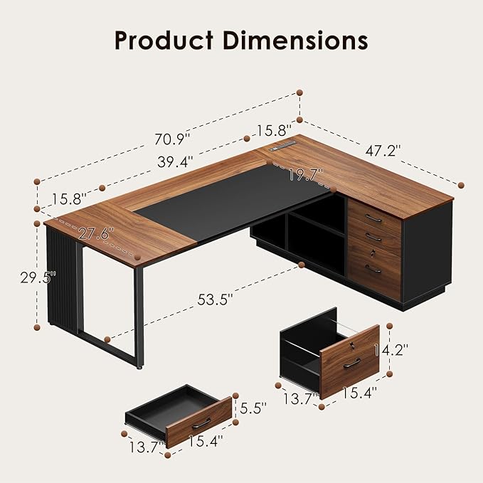 AODK 71 Inch Executive Desk, L Shaped Desk with Drawers and File Cabinet, Large Office Desk with Storage Shelves, Corner Computer Desk for Home Office, Walnut + Black