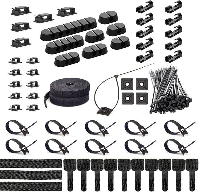 ZIIYAN 163 PCS Cable Management Kit, 3 Wire Organizer Sleeve, 8 Self Adhesive Cable Holder, 25 Cord Clips, 20+2 Roll Reusable Cable Straps and 100 Fastening Cable Ties for Computer TV Under Desk