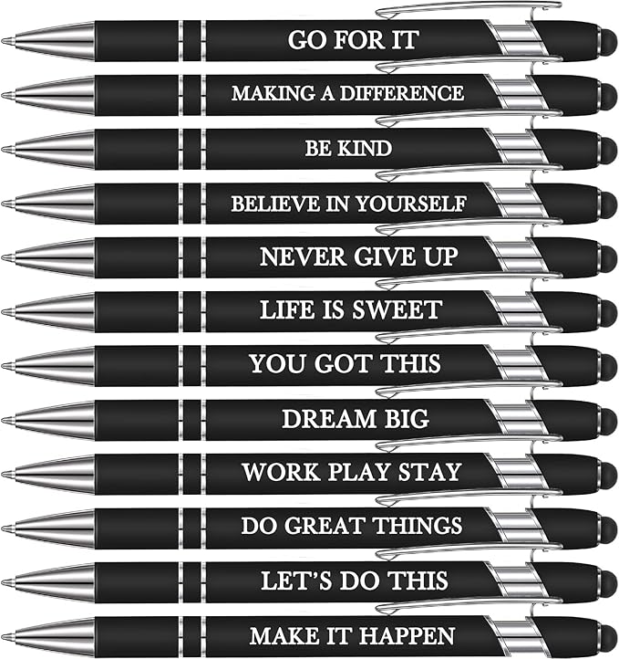 Zonon 12 Pcs Inspirational Pens Bulk Funny Ballpoint Pen with Stylus Tip Motivational Gifts for Valentine's Day Teacher Coworkers Nurse School Office Supplies(Black,Motivational Style)