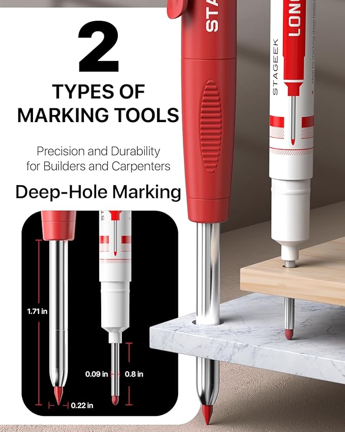 STAGEEK 3PCS Carpenter Pencils with Sharpener, Heavy Duty Woodworking Tools, Mechanical Pencil Set with 39 Refills, Deep Hole Long Nib Marker Pens for Architect Marking with Case (Red, Black, Yellow)