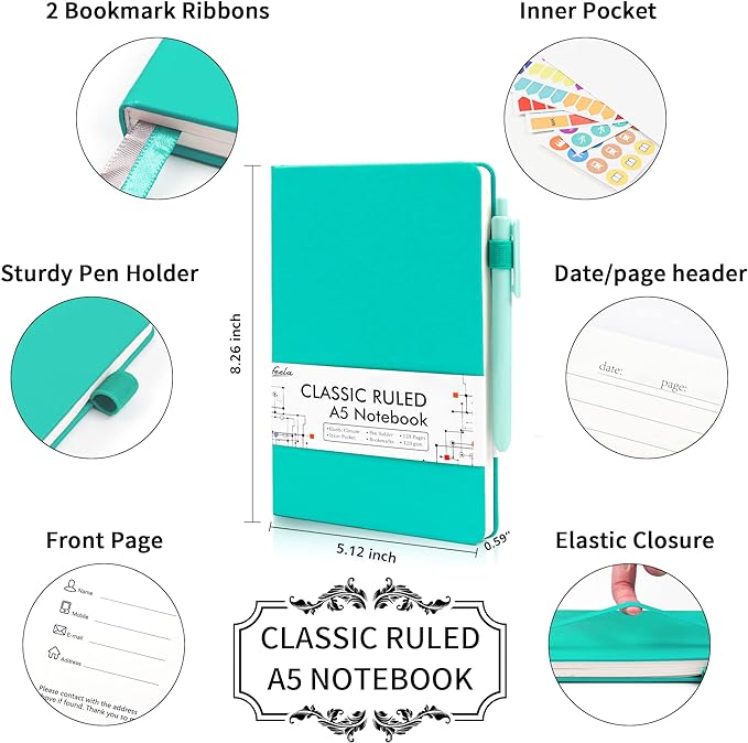 feela 24 Pack Journal Notebook Bulk for Work, Business Notebook Hardcover Lined Writing Journal with Pen Holder for Students Women Note Taking, with 24 Black Pens, 120 GSM, 5.1”x8.3”, A5, Solid Colors