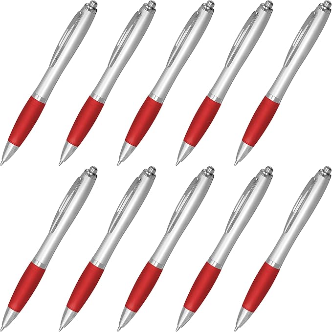 DISCOUNT PROMOS Ballpoint Pens With Rubber Grip, 10 pack, Black Ink Writing Pens in Bulk, Red