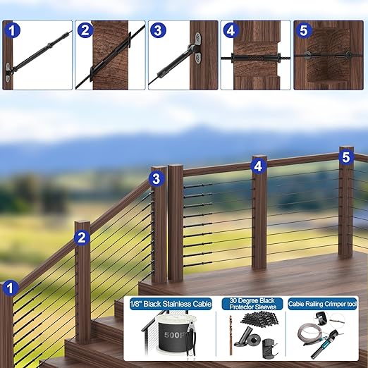 BLIKA 40 Pack Black Stainless Steel Protector Sleeves for 1/8" Deck Cable Railing, for Wood/Composite Posts, T316 Marine Grade, Black Cable Railing Protector Sleeves