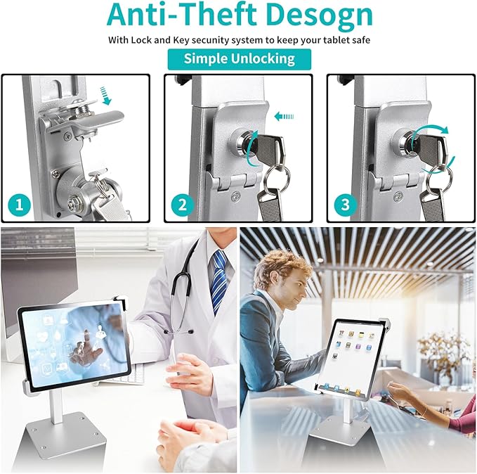 YOOZ Anti Theft Tablet Holder, Secure Desktop iPad Mount Lock, All Metal Material - Kiosk Retail Counter Lockable Stand for Tablet 9-14", iPad Pro 13 12.9 11, Air, Galaxy Tabs, Surface Pro etc