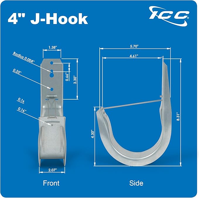 ICC 4-Inch Wall Mount J-Hook – 25-Pack, Cable Support Hooks with Retainer Clips, Galvanized Steel with Zinc Finish – for Structured Cabling and Cable Management