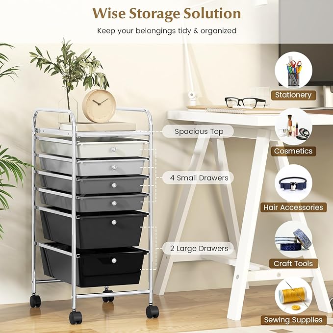 RELAX4LIFE 6-Drawer Rolling Storage Cart - Classroom Organization on Wheels w/Removable Plastic Drawers, Mobile Art Craft Cart for School Paper Home Office, Utility Cart with Drawers (Gradient Grey)
