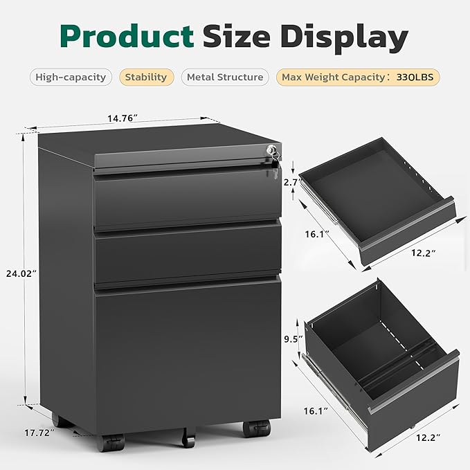 Greenvelly 3 Drawer Mobile File Cabinet with Lock, Metal Filing Cabinet on Wheels, Under Desk File Cabinet for Home Office Organizer Letter/Legal/A4 File (Assembly Required, Black)